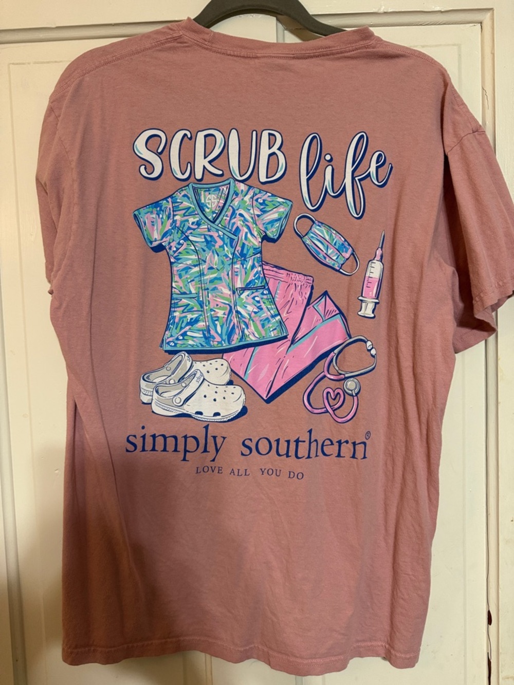 Simply Southern Pink 'Scrub Life' Graphic Tee with Colorful Scrub Illustrations